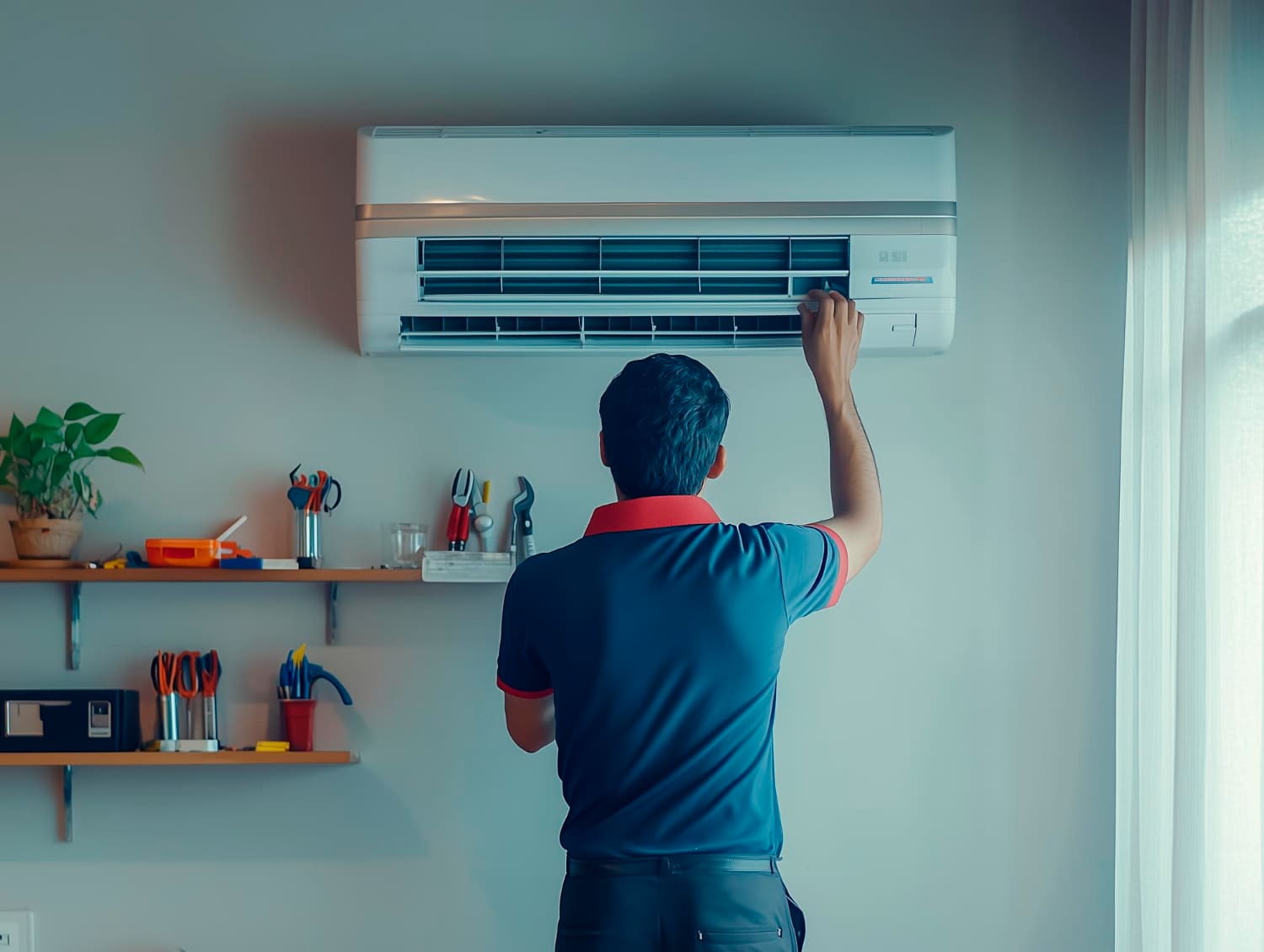 VennAIR technician servicing a split AC at a customer's home