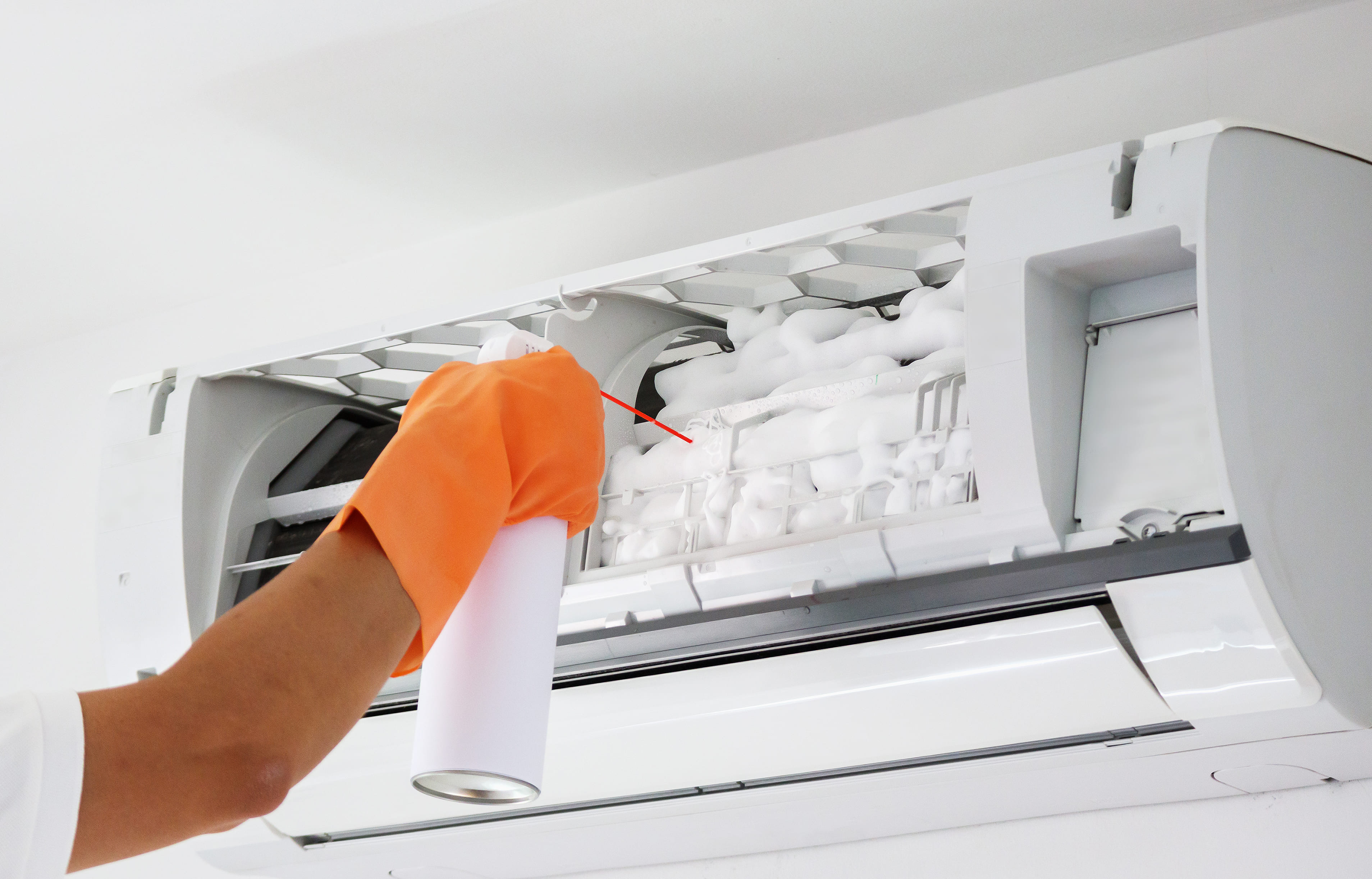 VennAIR deep cleaning a split AC indoor unit with foam cleaner